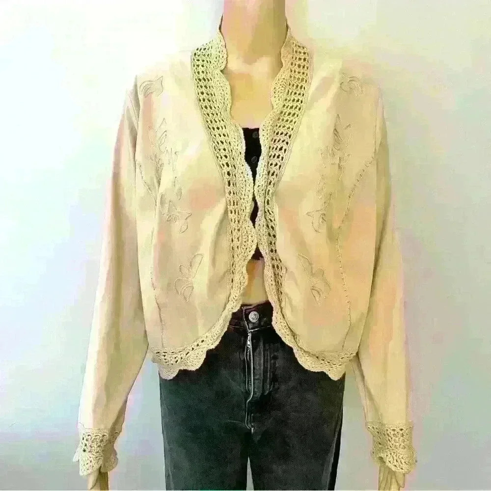 Vintage Y2K Boho Western Pattern Earthy Festival Blouse Top with Crotchet